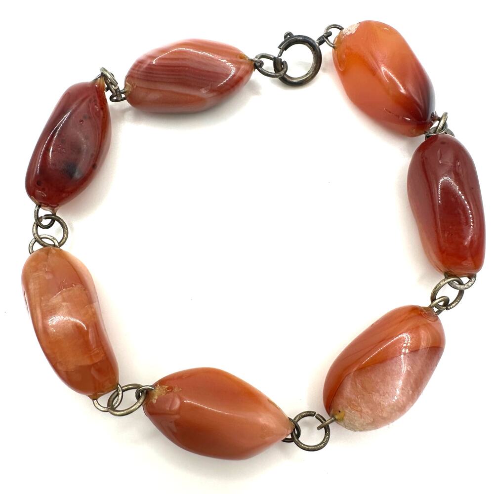 Vintage genuine semiprecious red orange carnelian agate chain bracelet 8.5"